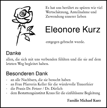 Traueranzeige von Eleonore Kurz von Hohenloher Tagblatt