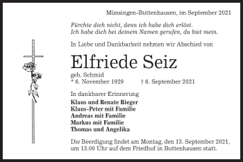 Traueranzeige von Elfriede Seiz von Alb-Bote/Metzinger-Uracher Volksblatt