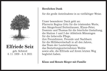 Traueranzeige von Elfriede Seiz von Alb-Bote/Metzinger-Uracher Volksblatt