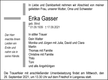 Traueranzeige von Erika Gasser von SÜDWEST PRESSE Ausgabe Ulm/Neu-Ulm