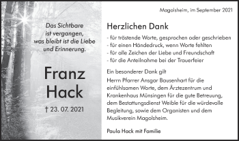 Traueranzeige von Franz Hack von Metzinger-Uracher Volksblatt