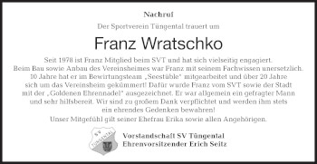 Traueranzeige von Franz Wratschko von Haller Tagblatt