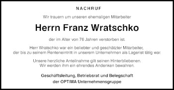 Traueranzeige von Franz Wratschko von Haller Tagblatt