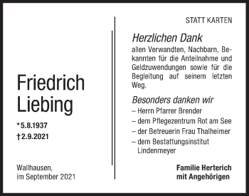 Traueranzeige von Friedrich Liebing von Hohenloher Tagblatt