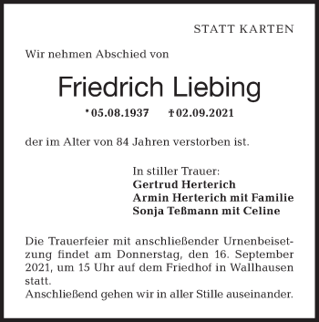 Traueranzeige von Friedrich Liebing von Hohenloher Tagblatt