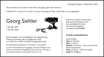 Traueranzeige von Georg Siehler von NWZ Neue Württembergische Zeitung/Geislinger Zeitung