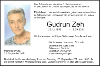 Traueranzeige von Gudrun Zeh von Haller Tagblatt