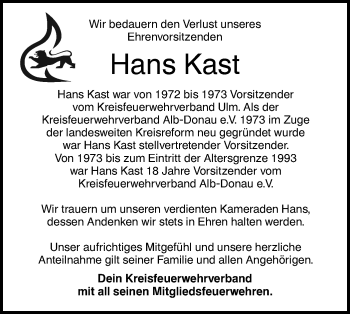 Traueranzeige von Hans Kast von SÜDWEST PRESSE Ausgabe Ulm/Neu-Ulm