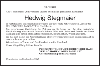 Traueranzeige von Hedwig Stegmaier von Hohenloher Tagblatt