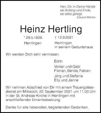 Traueranzeige von Heinz Hertling von SÜDWEST PRESSE Ausgabe Ulm/Neu-Ulm