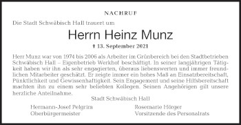 Traueranzeige von Heinz Munz von Haller Tagblatt