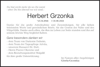 Traueranzeige von Herbert Grzonka von Haller Tagblatt