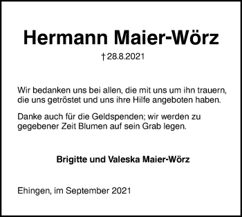 Traueranzeige von Hermann Maier-Wörz von Ehinger Tagblatt