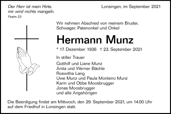 Traueranzeige von Hermann Munz von Alb-Bote/Metzinger-Uracher Volksblatt