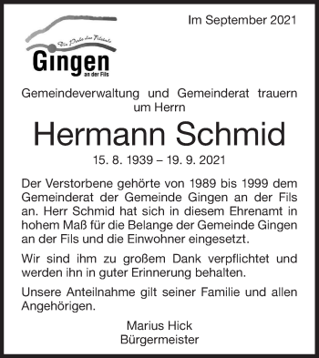 Traueranzeige von Hermann Schmid von Geislinger Zeitung