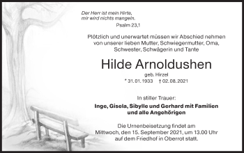 Traueranzeige von Hilde Arnoldushen von Rundschau Gaildorf