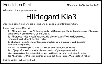 Traueranzeige von Hildegard Klaß von Alb-Bote/Metzinger-Uracher Volksblatt