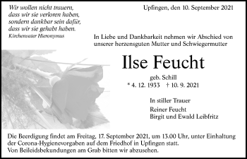 Traueranzeige von Ilse Feucht von Alb-Bote/Metzinger-Uracher Volksblatt