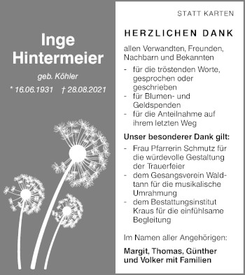 Traueranzeige von Inge Hintermeier von Hohenloher Tagblatt