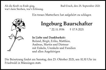 Traueranzeige von Ingeburg Baurschafter von Metzinger-Uracher Volksblatt