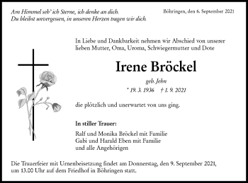 Traueranzeige von Irene Bröckel von Alb-Bote/Metzinger-Uracher Volksblatt