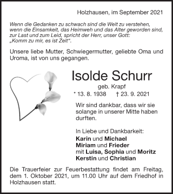 Traueranzeige von Isolde Schurr von NWZ Neue Württembergische Zeitung