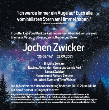 Traueranzeige von Jochen Zwicker von Geislinger Zeitung