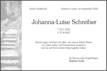 Traueranzeige von Johanna-Luise Schreiber von Haller Tagblatt