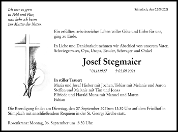 Traueranzeige von Josef Stegmaier von Hohenloher Tagblatt