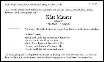 Traueranzeige von Käte Maurer von Haller Tagblatt