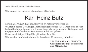 Traueranzeige von Karl-Heinz Butz von Hohenloher Tagblatt