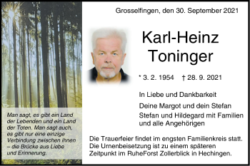 Traueranzeige von Karl-Heinz Toninger von Metzinger-Uracher Volksblatt