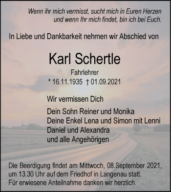 Traueranzeige von Karl Schertle von SÜDWEST PRESSE Ausgabe Ulm/Neu-Ulm