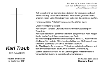 Traueranzeige von Karl Traub von Ehinger Tagblatt