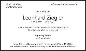 Traueranzeige von Leonhard Ziegler von Geislinger Zeitung