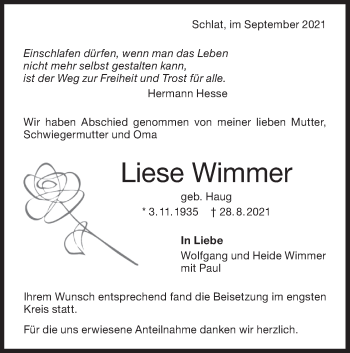 Traueranzeige von Liese Wimmer von NWZ Neue Württembergische Zeitung