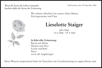 Traueranzeige von Lieselotte Staiger von Metzinger-Uracher Volksblatt