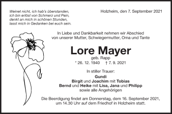 Traueranzeige von Lore Mayer von NWZ Neue Württembergische Zeitung