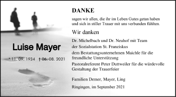 Traueranzeige von Luise Mayer von Metzinger-Uracher Volksblatt