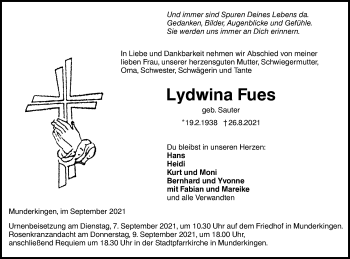 Traueranzeige von Lydwina Fues von Ehinger Tagblatt