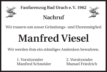 Traueranzeige von Manfred Viesel von Metzinger-Uracher Volksblatt