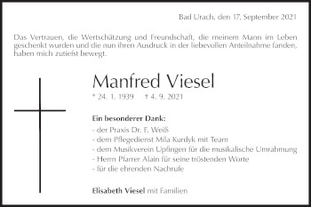 Traueranzeige von Manfred Viesel von Metzinger-Uracher Volksblatt