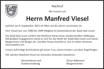 Traueranzeige von Manfred Viesel von Metzinger-Uracher Volksblatt