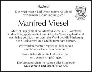 Traueranzeige von Manfred Viesel von Metzinger-Uracher Volksblatt