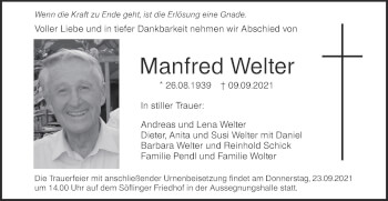 Traueranzeige von Manfred Welter von SÜDWEST PRESSE Ausgabe Ulm/Neu-Ulm