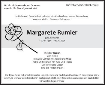 Traueranzeige von Margarete Rumler von NWZ Neue Württembergische Zeitung