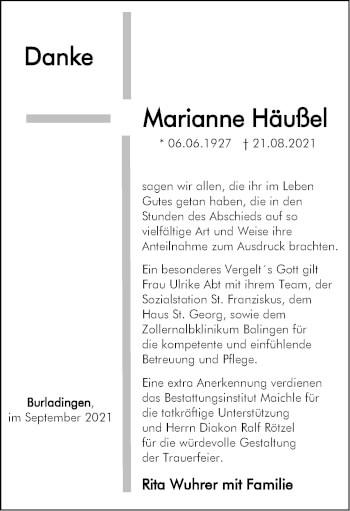 Traueranzeige von Marianne Häußel von Metzinger-Uracher Volksblatt