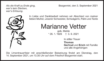 Traueranzeige von Marianne Vetter von NWZ Neue Württembergische Zeitung