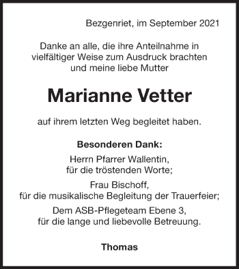 Traueranzeige von Marianne Vetter von NWZ Neue Württembergische Zeitung