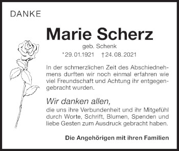 Traueranzeige von Marie Scherz von Hohenloher Tagblatt